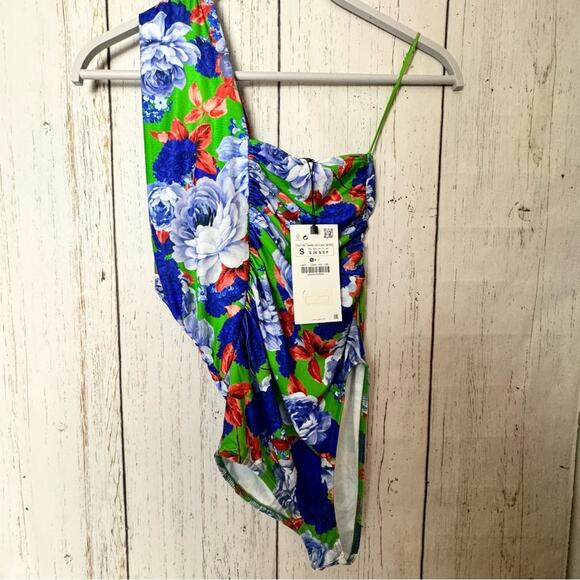 Zara Women's Floral Classy Seasonal Style One Strap Ruched Side Body Suit Sz S - Picture 9 of 12